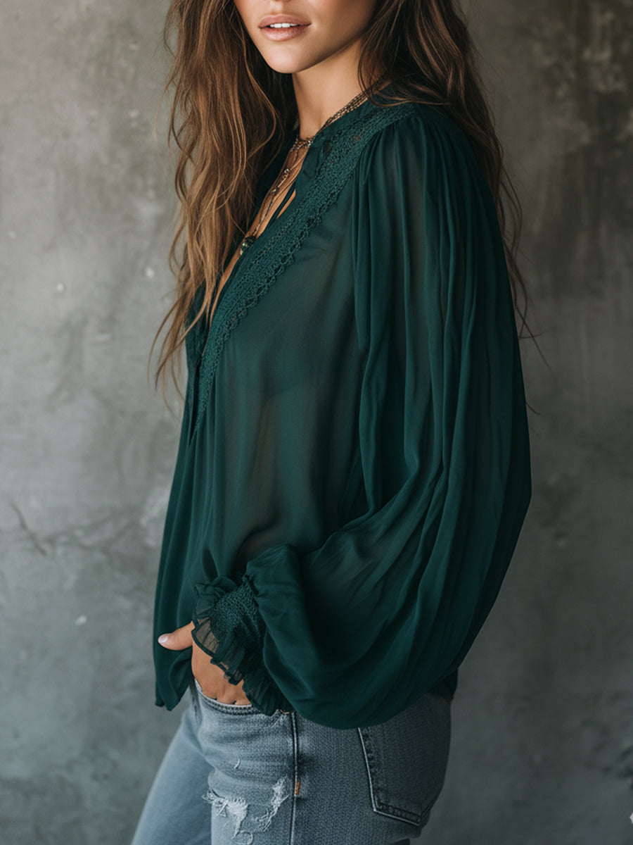 Quiet Luxury Chiffon Lace Splicing Tie Neckline Blouse