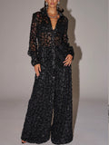 Sequin Sheer Shirt & Wide Leg Pants Two‐Piece Set