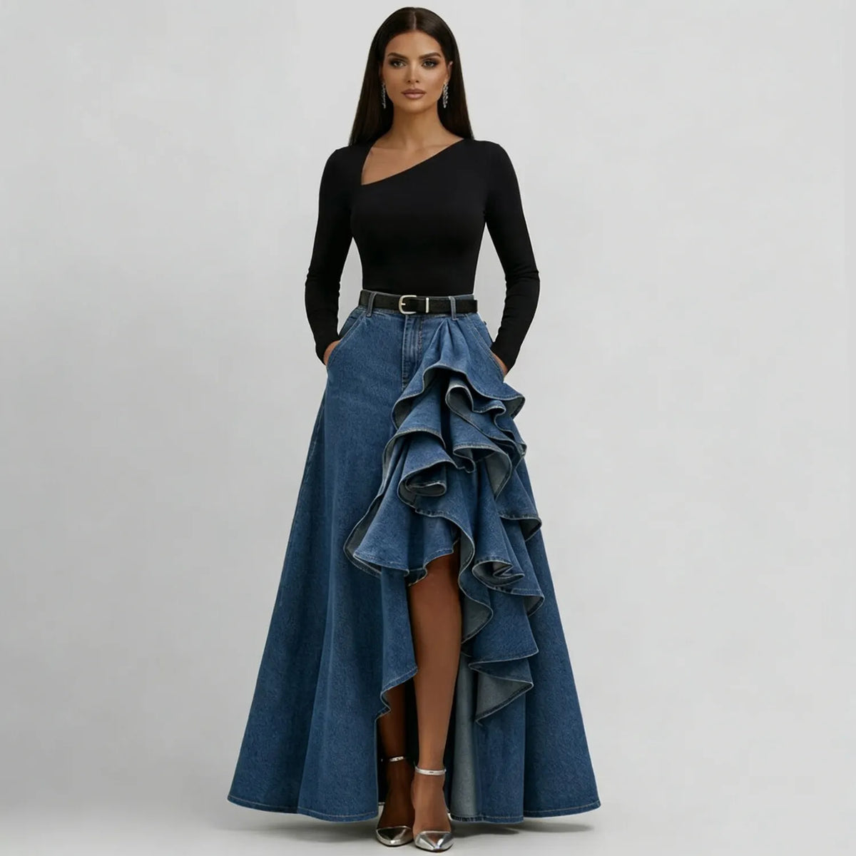 Women's Ruffle Trim Asymmetric Hem Denim Maxi Skirt