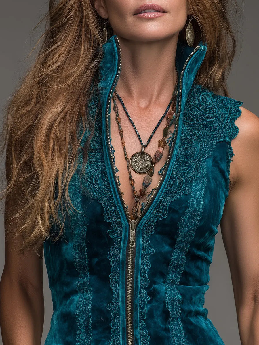 Bohemian Style Stand-collar Vest With Front Zipper And Lace Trim
