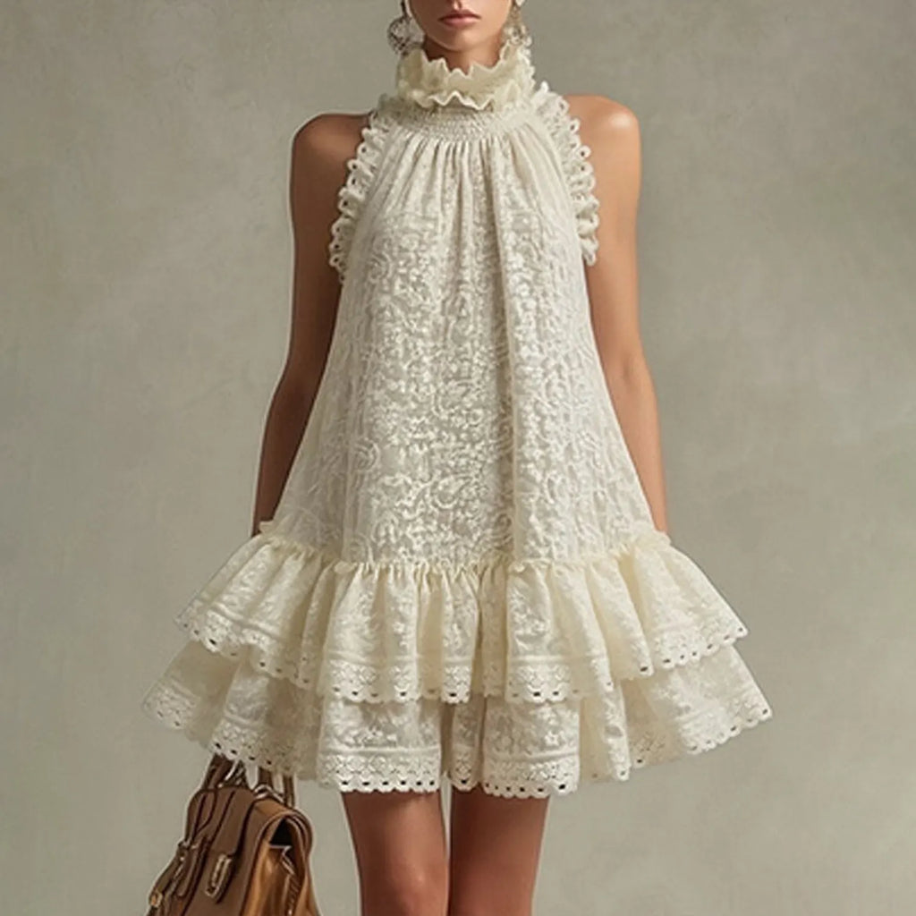 Retro Beige Lace Sleeveless Ruffled Mini Dress