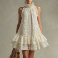 Retro Beige Lace Sleeveless Ruffled Mini Dress
