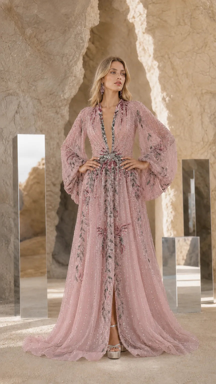 Elegance Embroidered Beaded Long Sleeve Evening Gown
