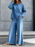 Women's Casual Loose Denim Crew Neck Long Sleeve Suit