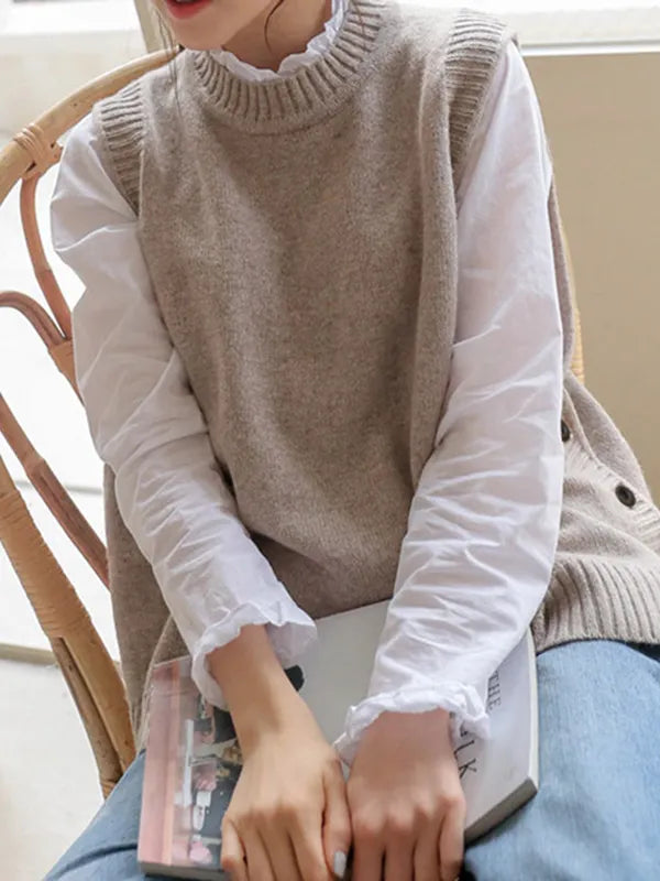 Simple Sleeveless Loose Buttoned Solid Color Round-Neck Sweater Vest Outerwear