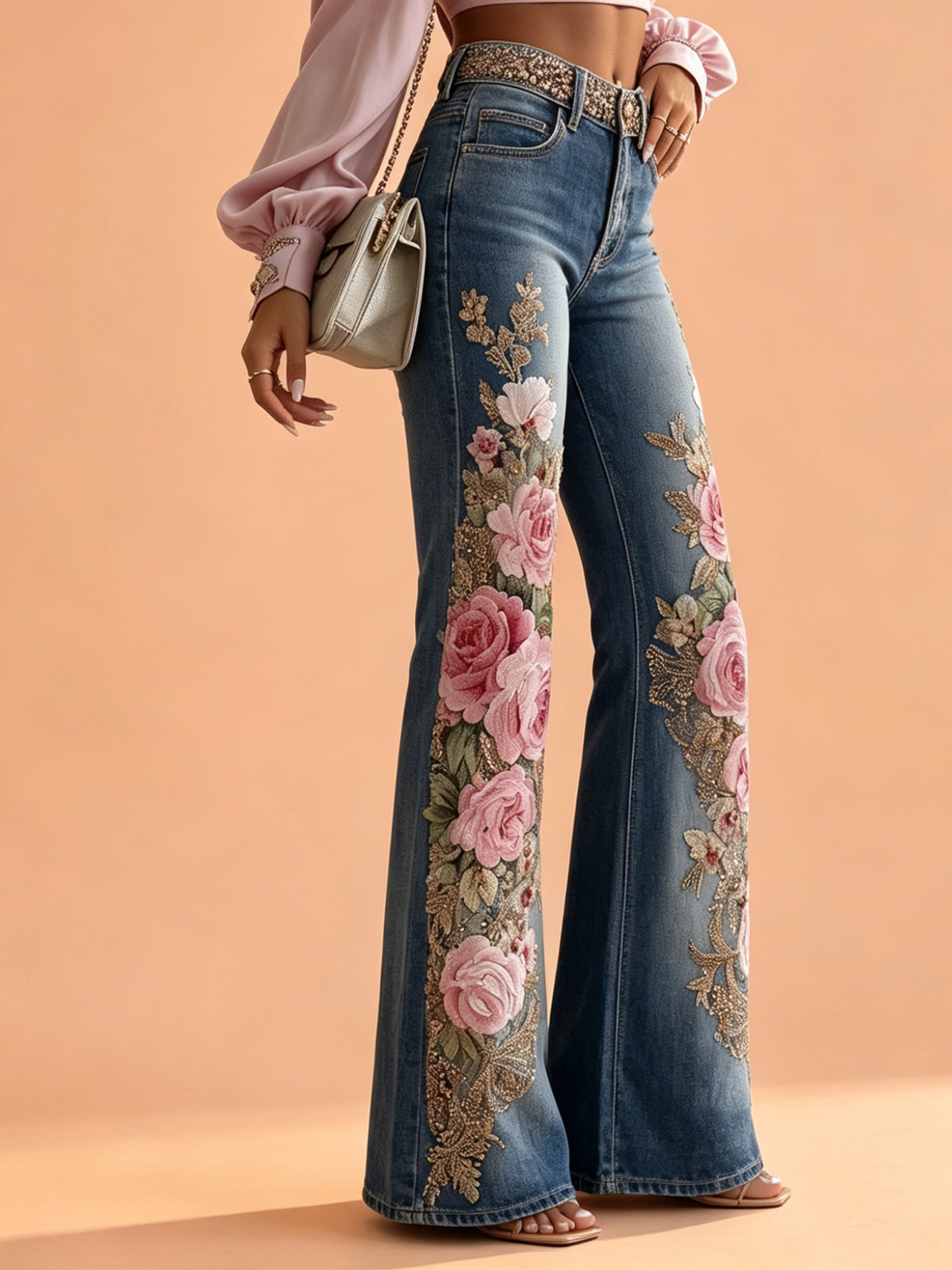 Western Pants — Ocean Blue Mid-Rise Bootcut Denim Jeans With Heavy 3D Rose Floral Embroidery