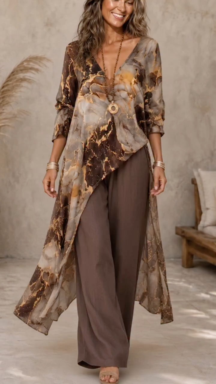 # Bohemian Printed Long Kimono And Wide‐Leg Pants Two‐Piece Set