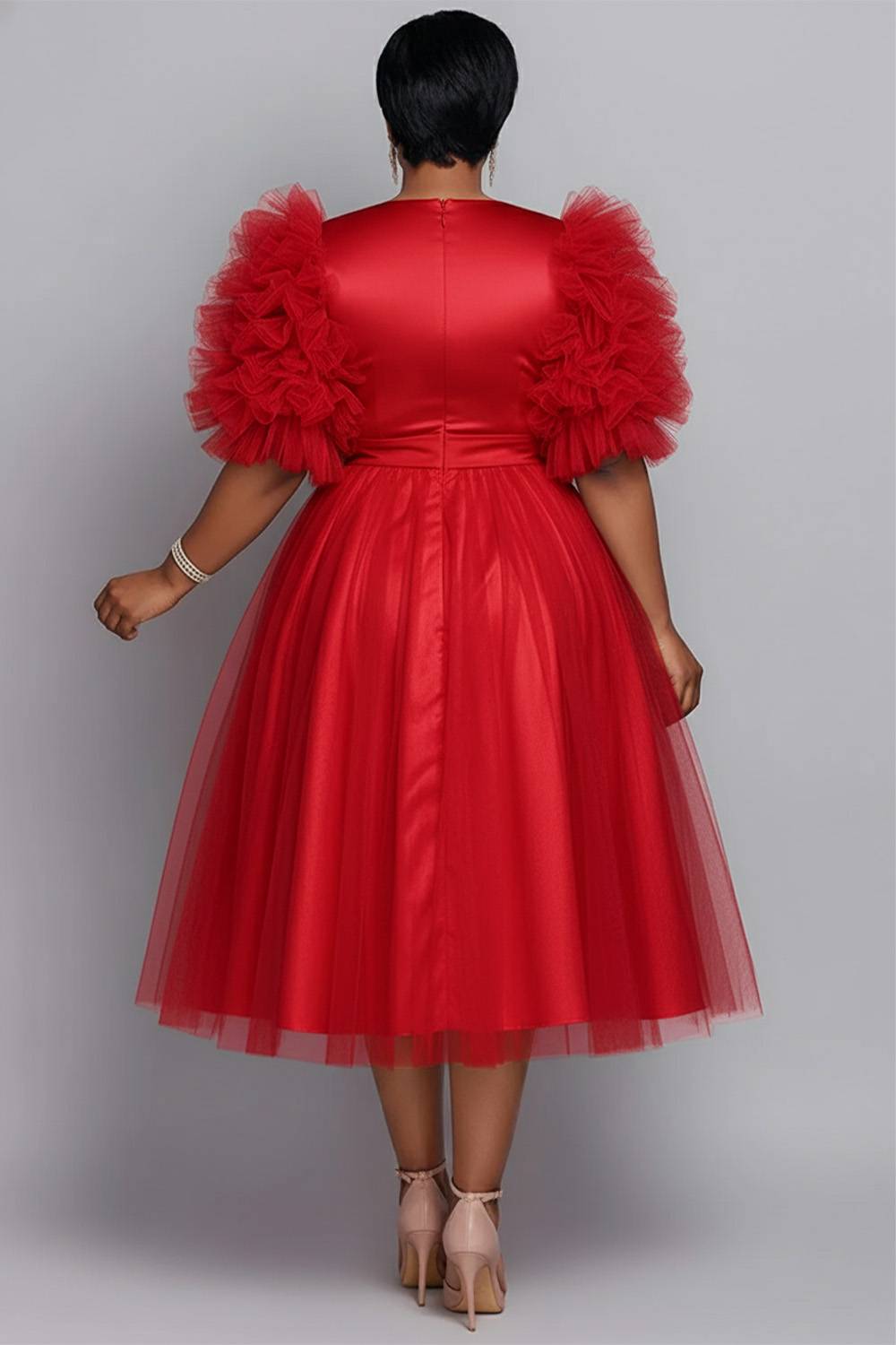 Formal Tulle Pink Round Neck Long Sleeve Contrast Elegant 3D Satin Midi Dresses