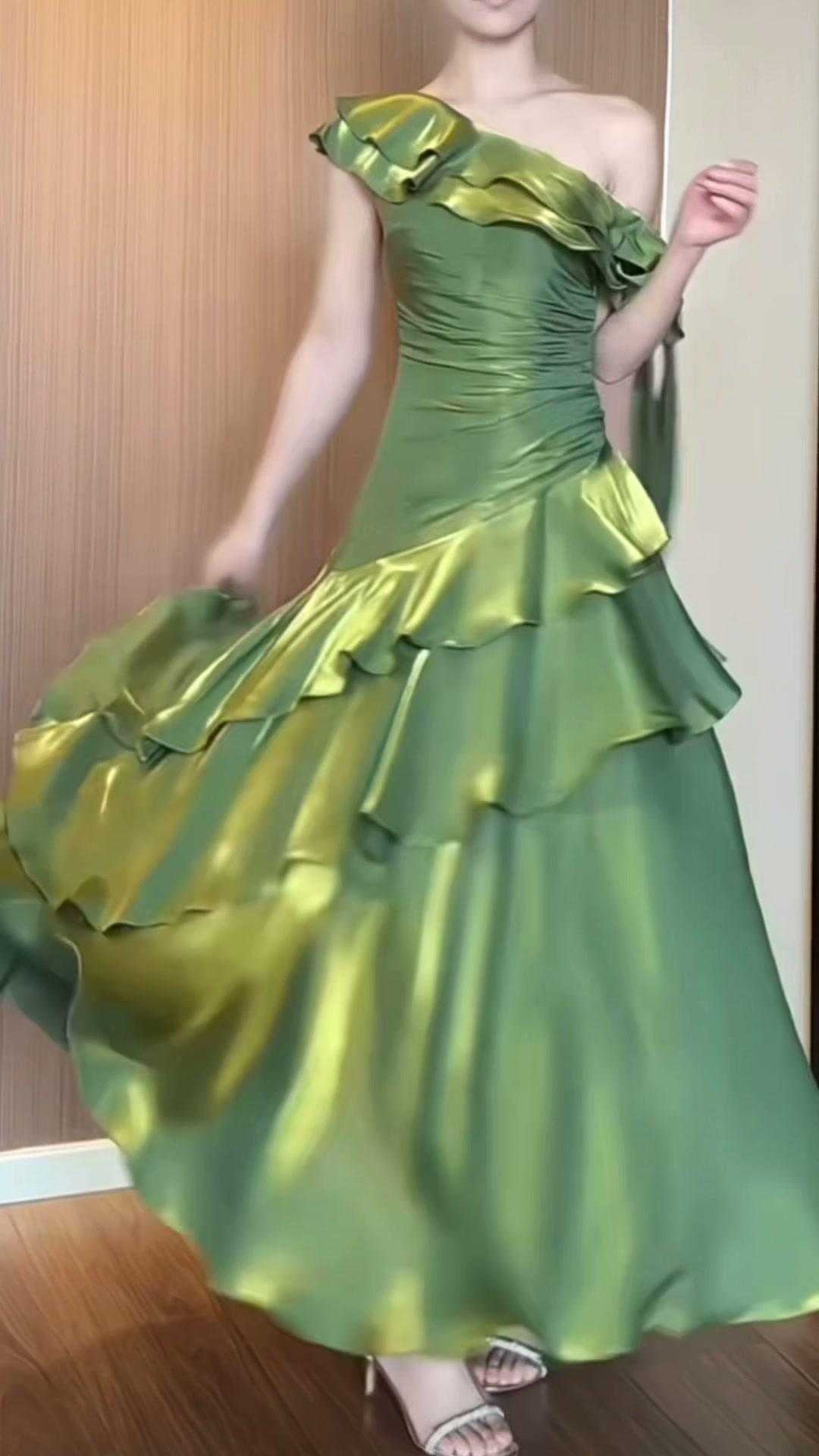 olive-green-one-shoulder-ruffle-gown-asymmetric-tiered-maxi-dress