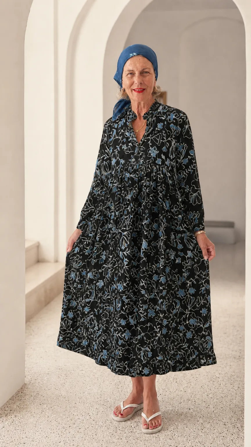 Floral Print Ruffle Collar Long Sleeve Midi Dress