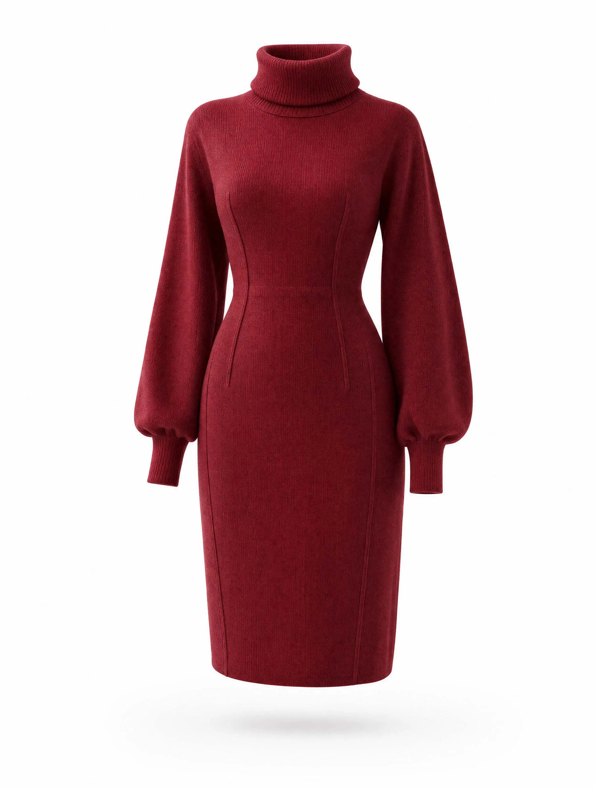 Vintage Turtleneck Puff Sleeve Midi Knit Dress