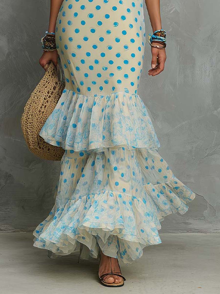 Boho Polka Dot Chiffon Maxi Dress With Tiered Ruffle Hem