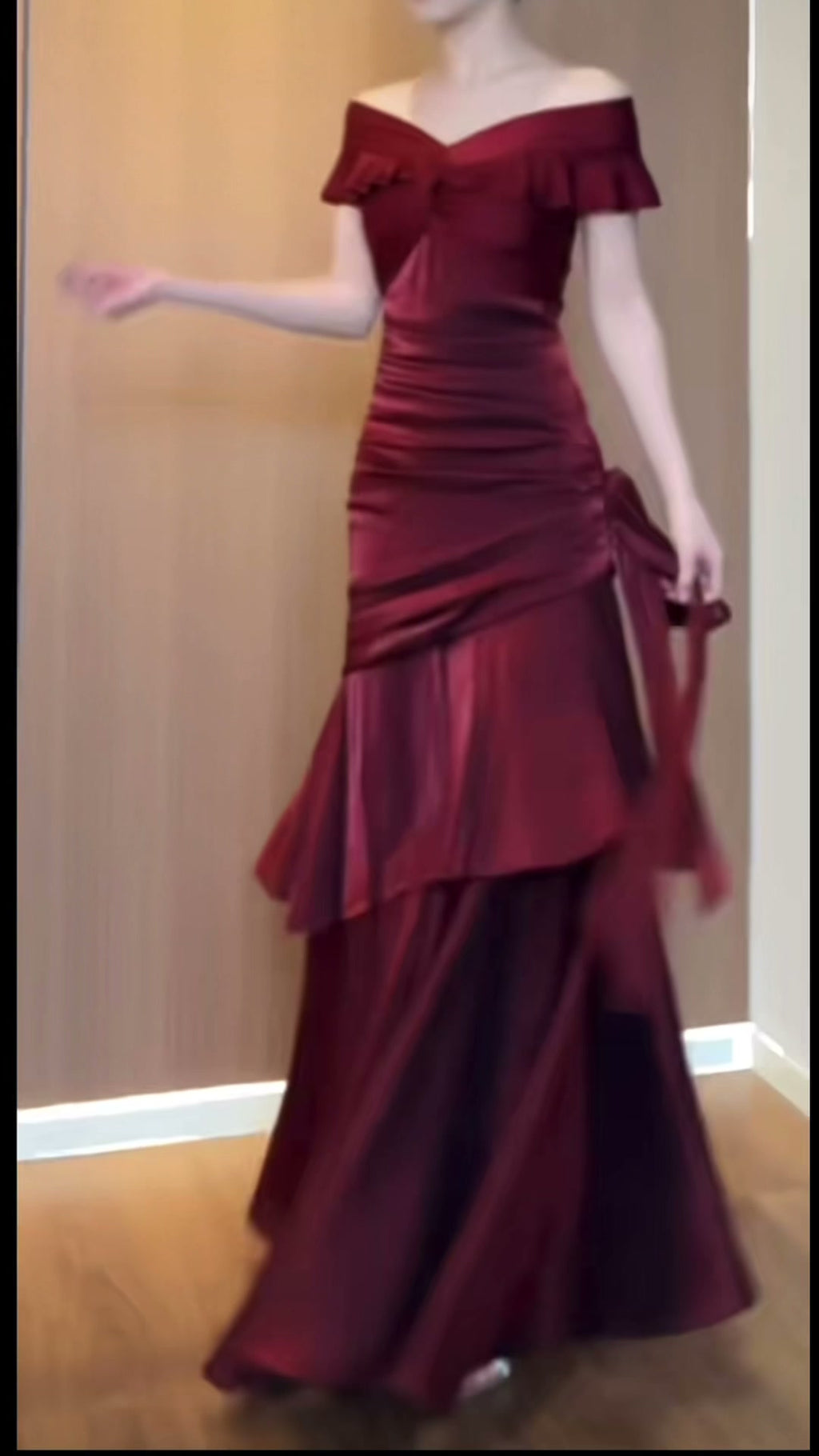 burgundy-off-shoulder-ruffle-gown-tiered-satin-maxi-dress