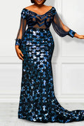 Plus Size Blue Formal Mesh Sequin Maxi Dresses [Pre-Order]