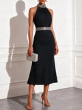 Black Rhinestone Classic Halter Neck Sleeveless Mermaid Midi Dress