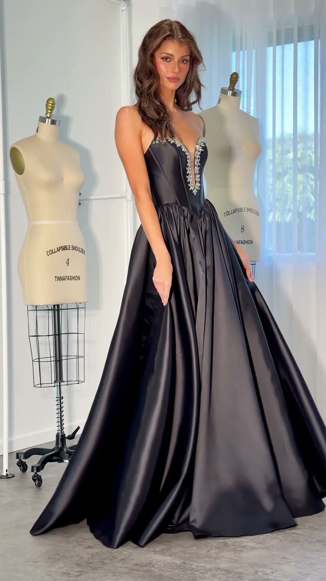black-satin-ball-gown-strapless-crystal-neckline-prom-dress-with-slit