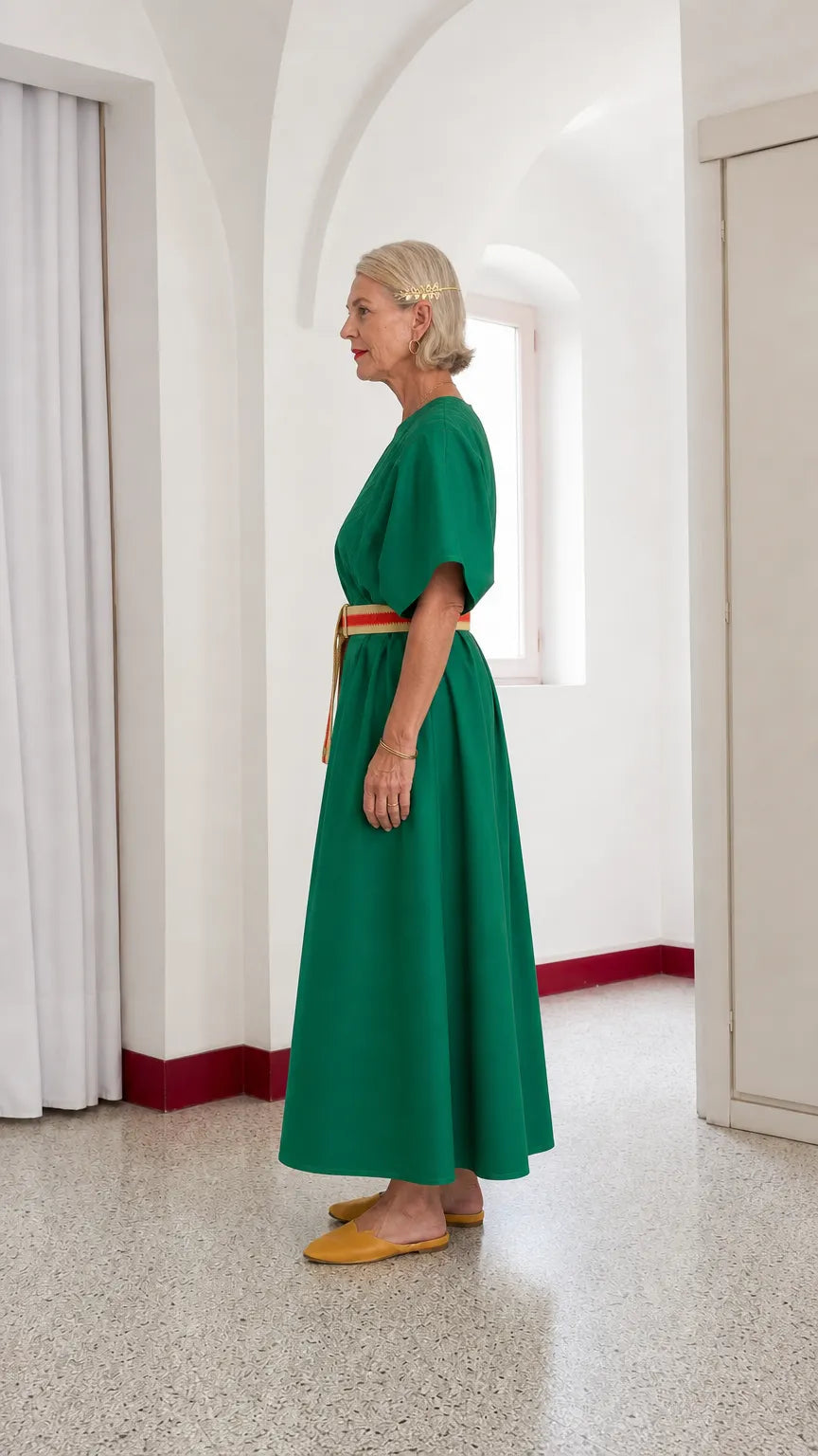 Women's V-Neck Belted Kimono Maxi Dress with Topstitch Detail