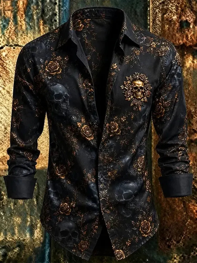 Men's Rose And Skull Art Print Long Sleeve Shirt