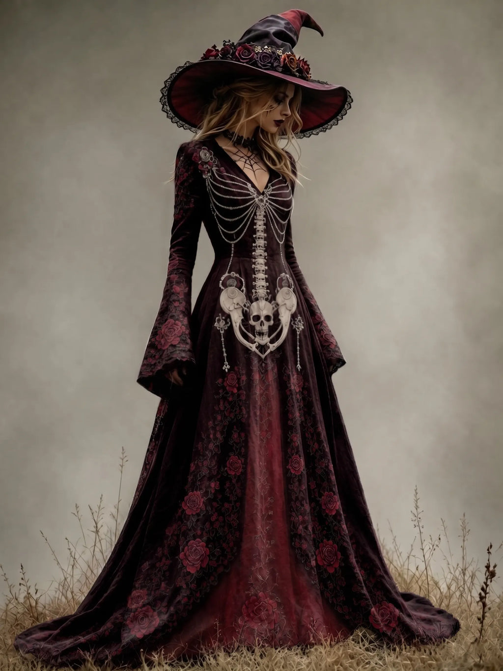 Women's Halloween Color Block Floral Print Velvet Dress