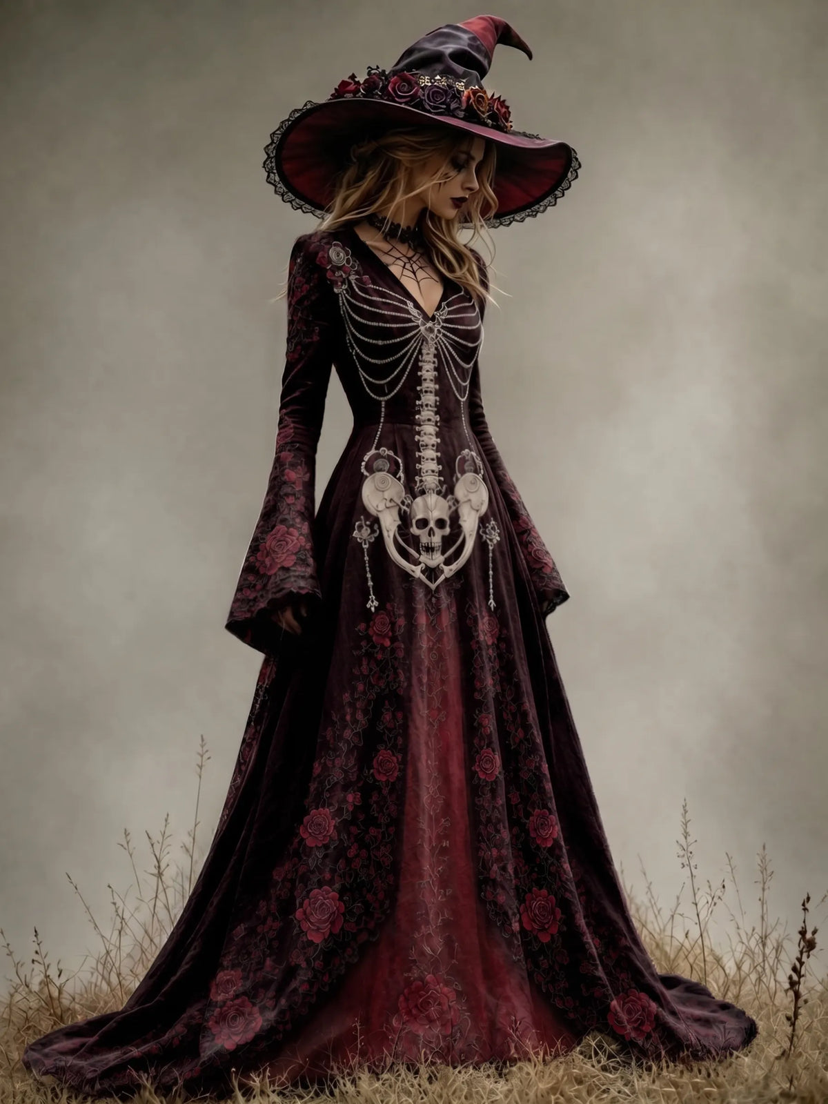 Women's Halloween Color Block Floral Print Velvet Dress