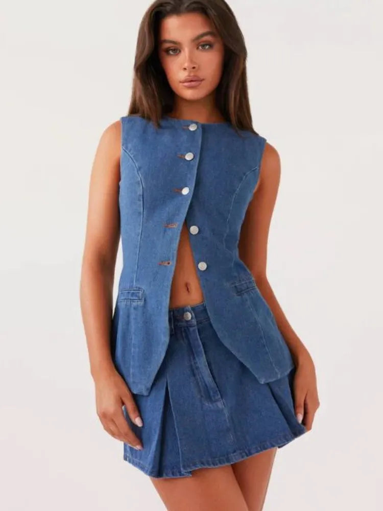 Casual Sleeveless High Waist Denim Set