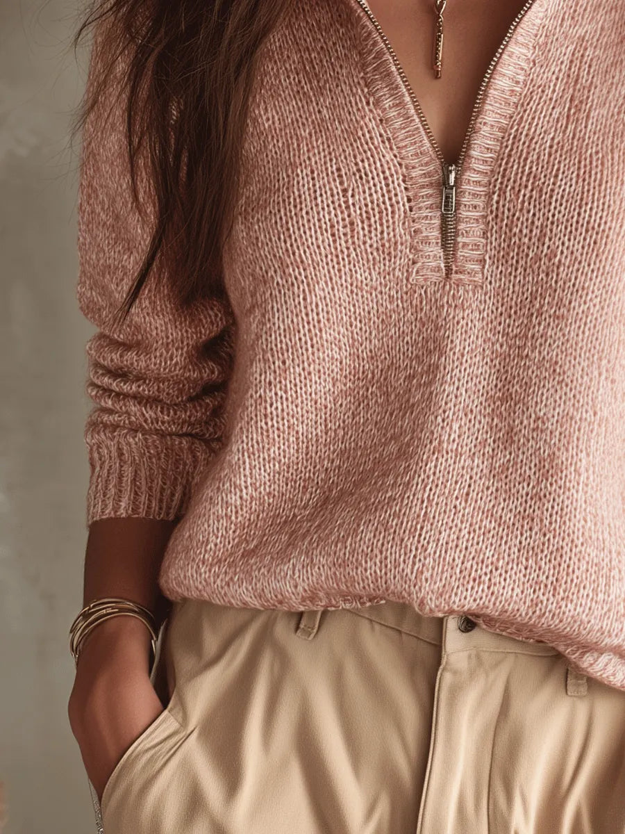 Relaxed Half-Zip Knit Pullover – Vintage Blush, Cozy Chic