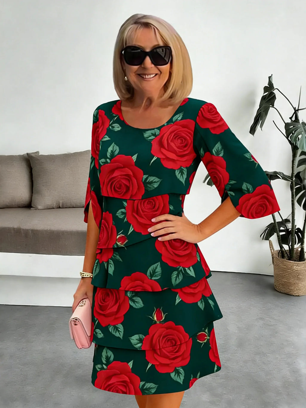 Chiffon Vacation Prints Color Round Neck Cake Skirt Splicing Dress Mid-length