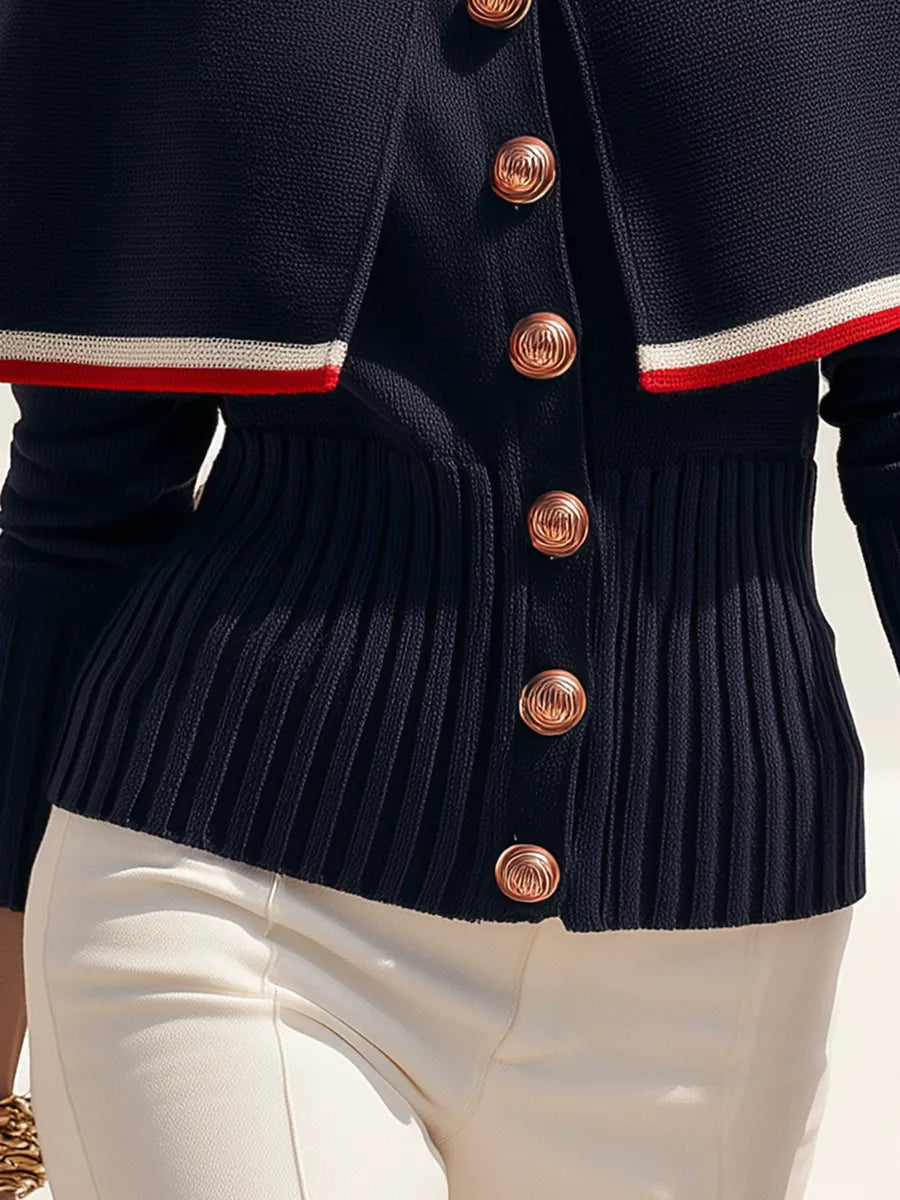 Chic Old Money Contrast-Trimmed Shawl Collar Navy Knit Sweater