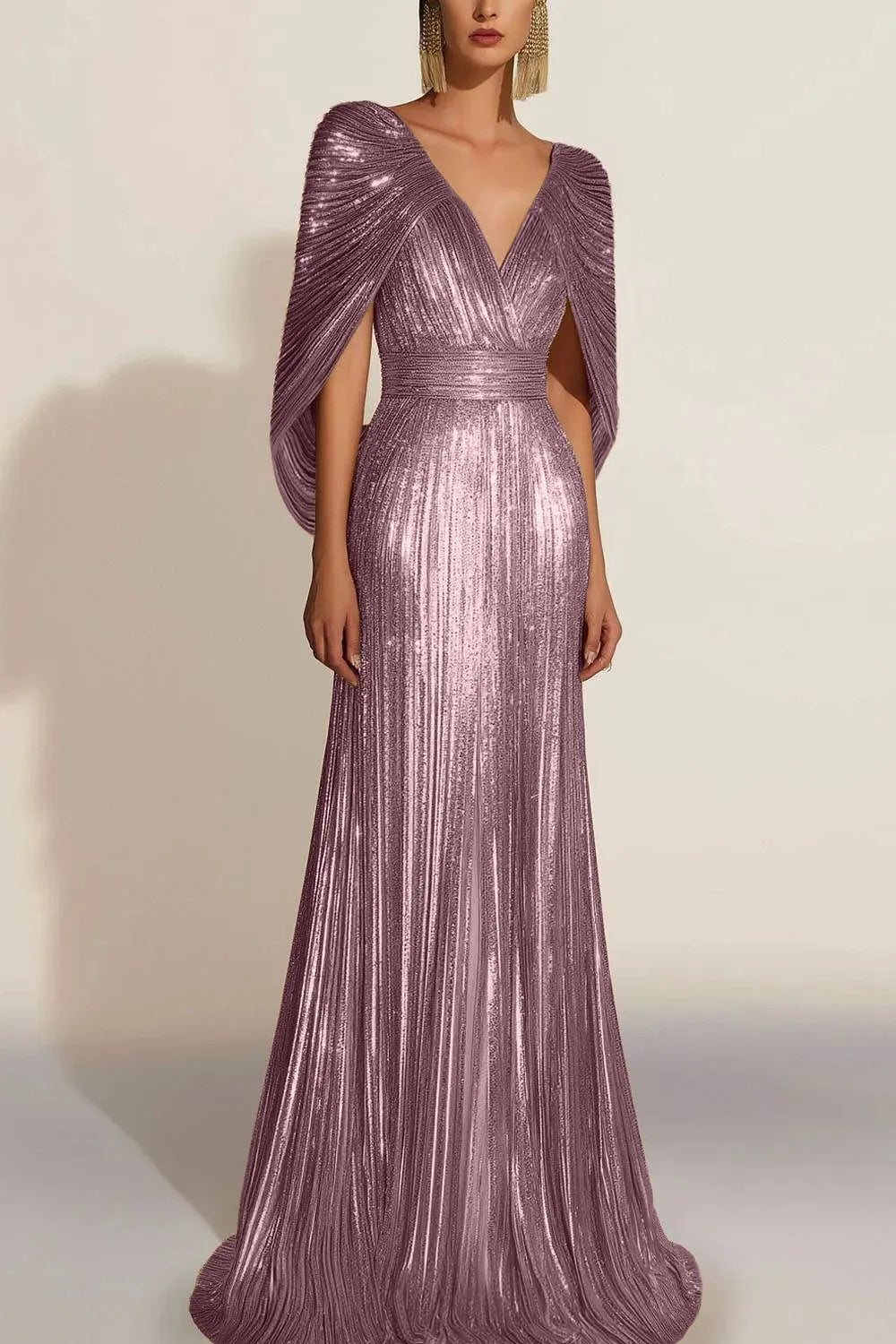 Formal Evening Fringe Dress Gold Cape V-neck Floor-length Gown