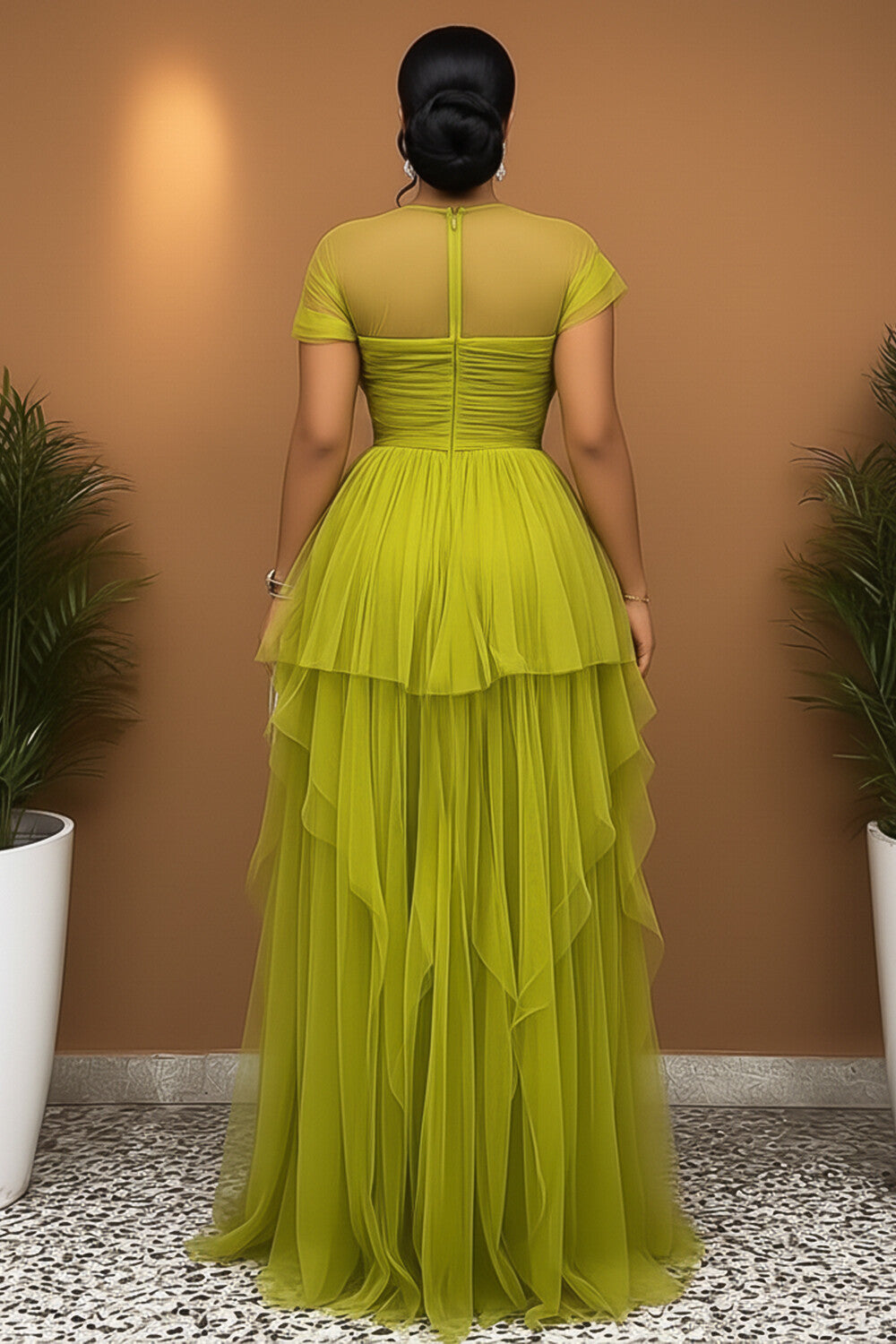 Short Sleeve Cinch Waist High Slit Tulle Gowns Maxi Dresses-Green