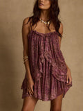 Vacation Mini Dress — Metallic Plum Cascading Ruffle Chiffon Mini Dress