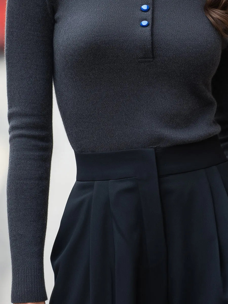 Slim-Fit Mock Neck Knit Top With Jewel Button Placket