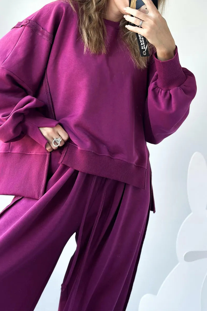 Women Round Neck Spliced Sweatshirt + Drawstring Pants Casual Set