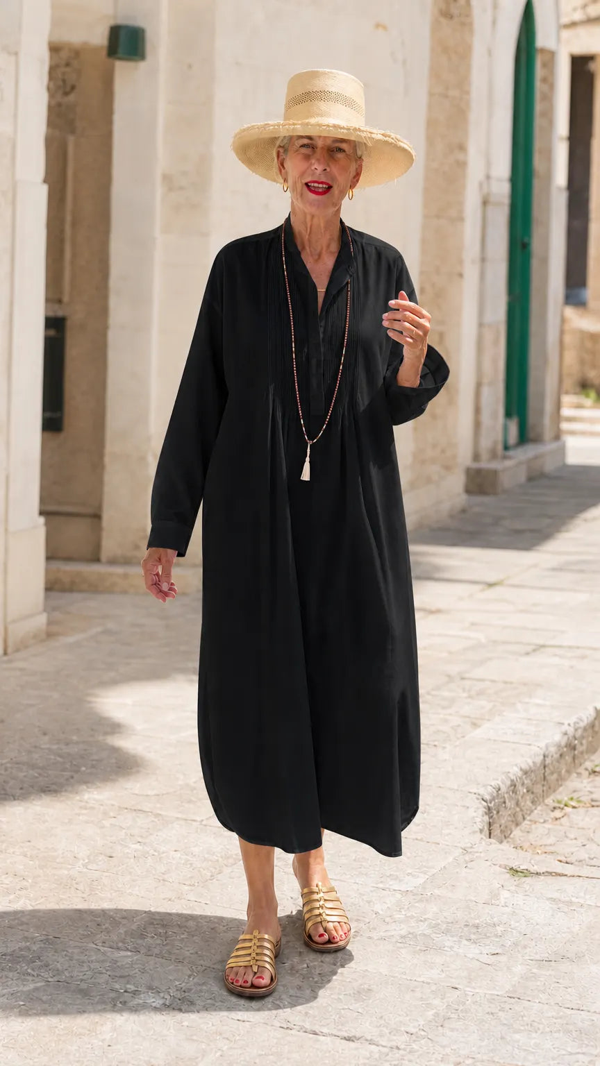 Women's Pintuck Pleated Button Midi Shirt Dress Loose Long Sleeve Caftan