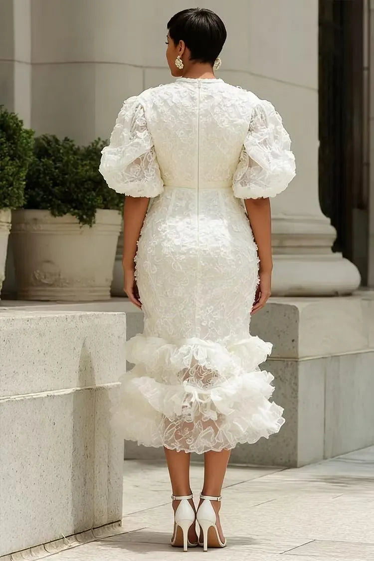 White Lace Puff‐Sleeve Midi Dress