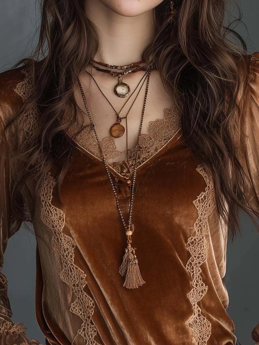 Caramel Velvet Lace Sheer Lantern Sleeve Top