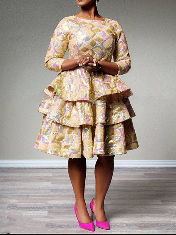 Print U-Neck Half Sleeve Multi Level Half Ruffle Midi Dress