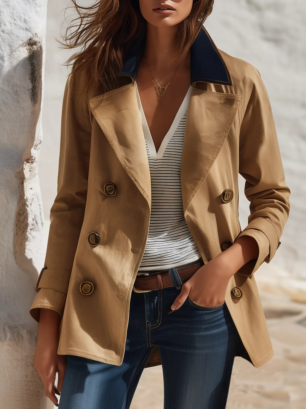 Vacation Casual Double-breasted Short Trench Coat