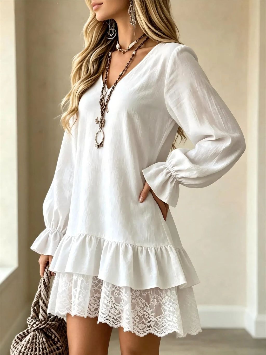 Long-Sleeve Dress with Lace Panels