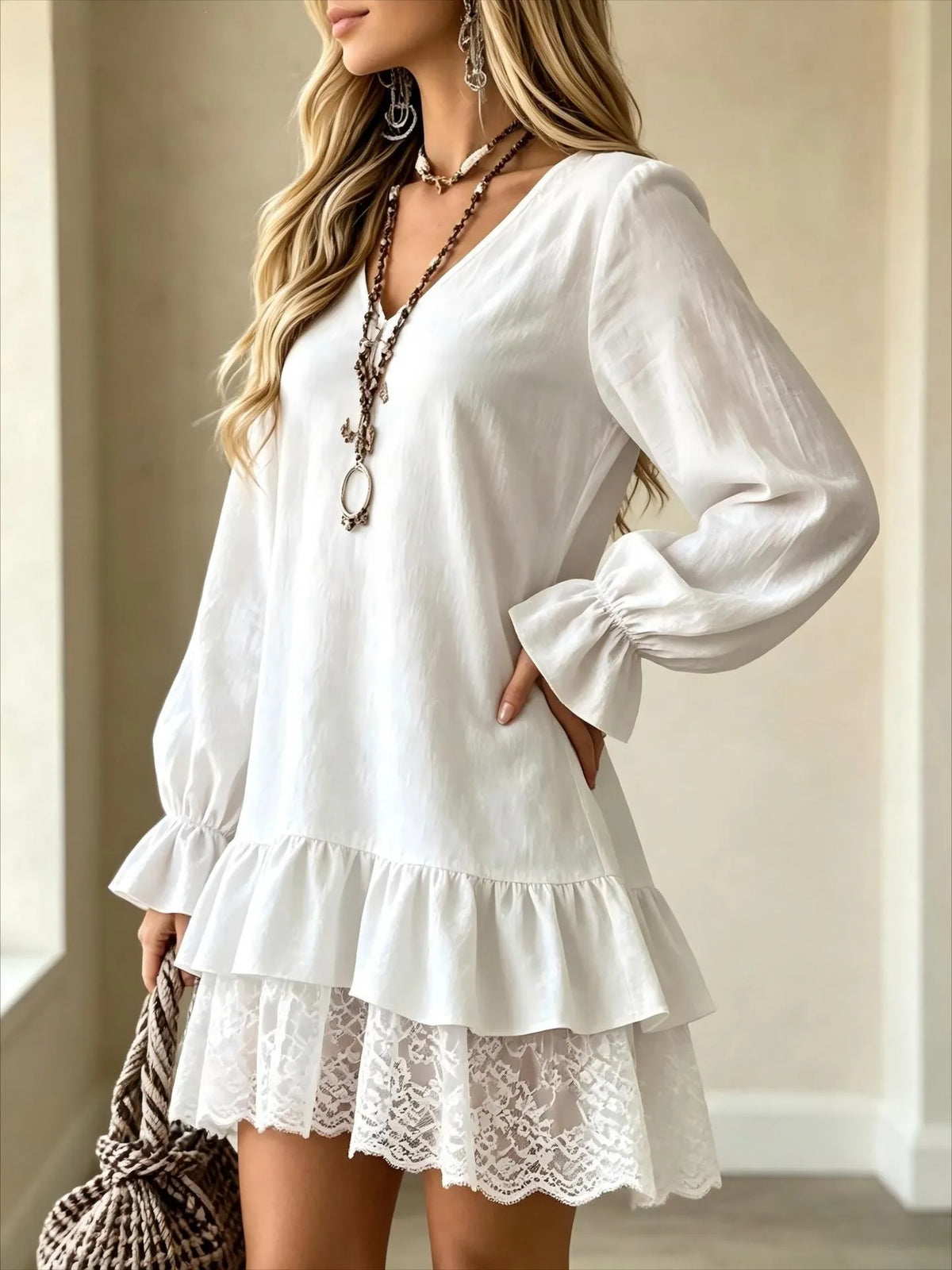 Long-Sleeve Dress with Lace Panels