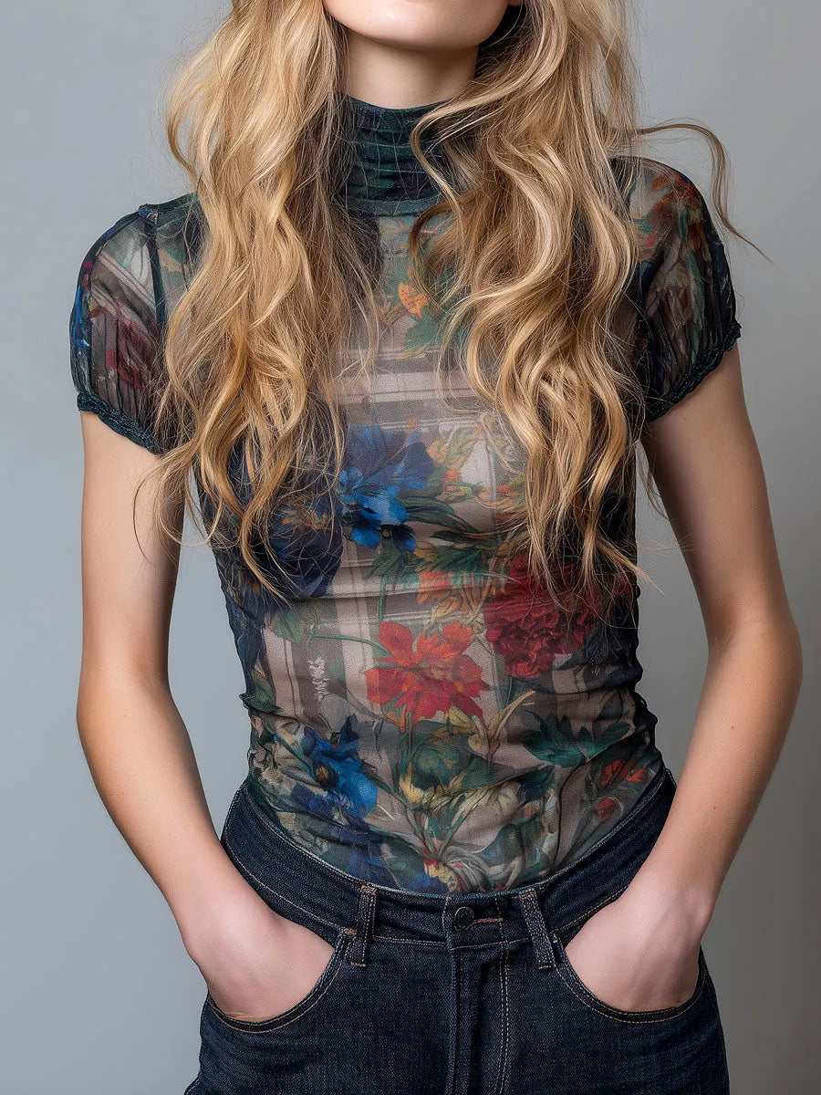 Boho High Neck Short Sleeve Floral Printed Blouse