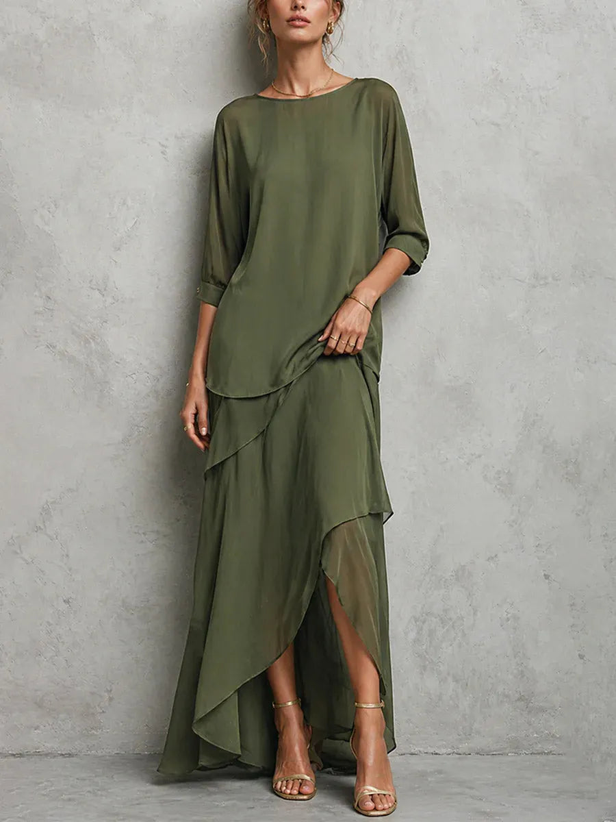 Women's Solid-color Round-neck 3/4-sleeve Loose Casual Top & High-waisted A-line Skirt Set