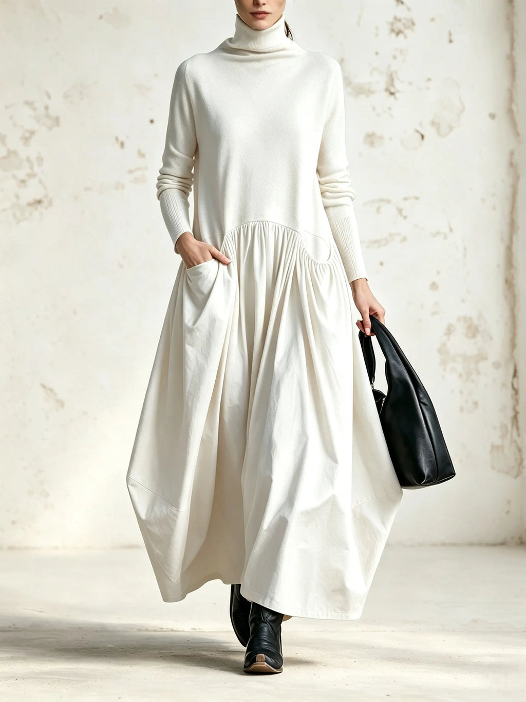 High Neck Pocket Detail Oversized Maxi Dress