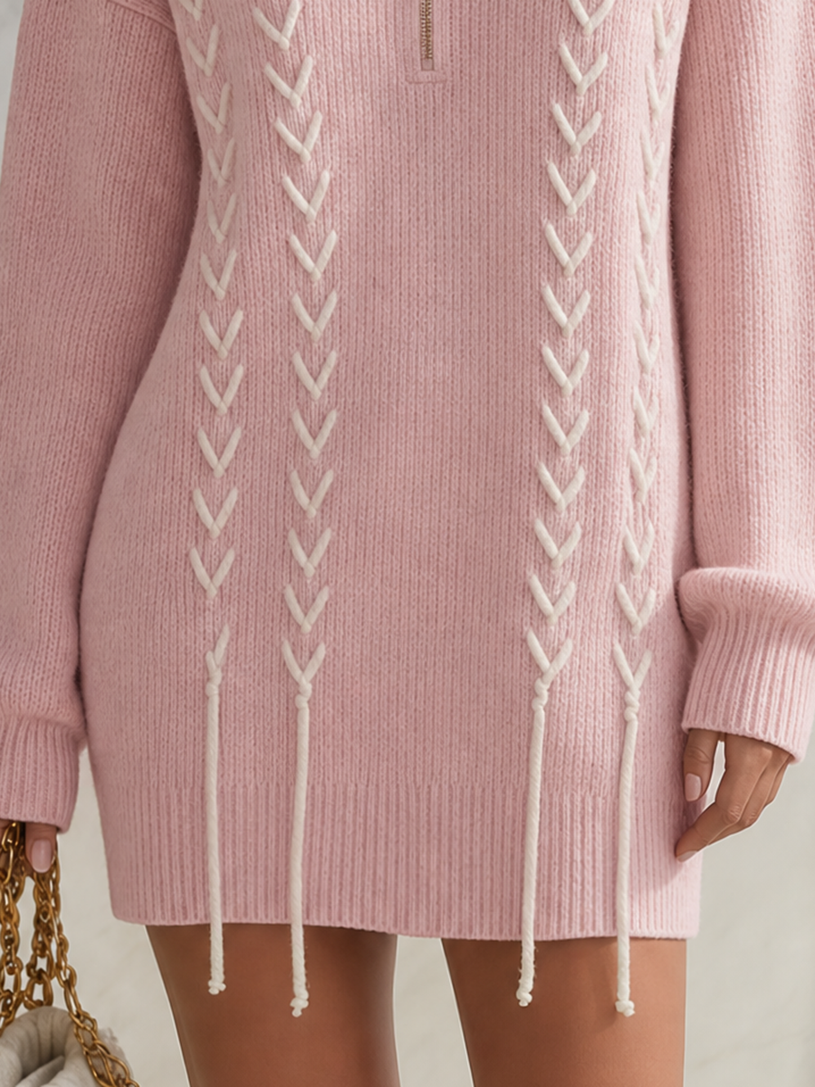 Resort-style Collared Half-zip Long-sleeve Knit Mini Dress