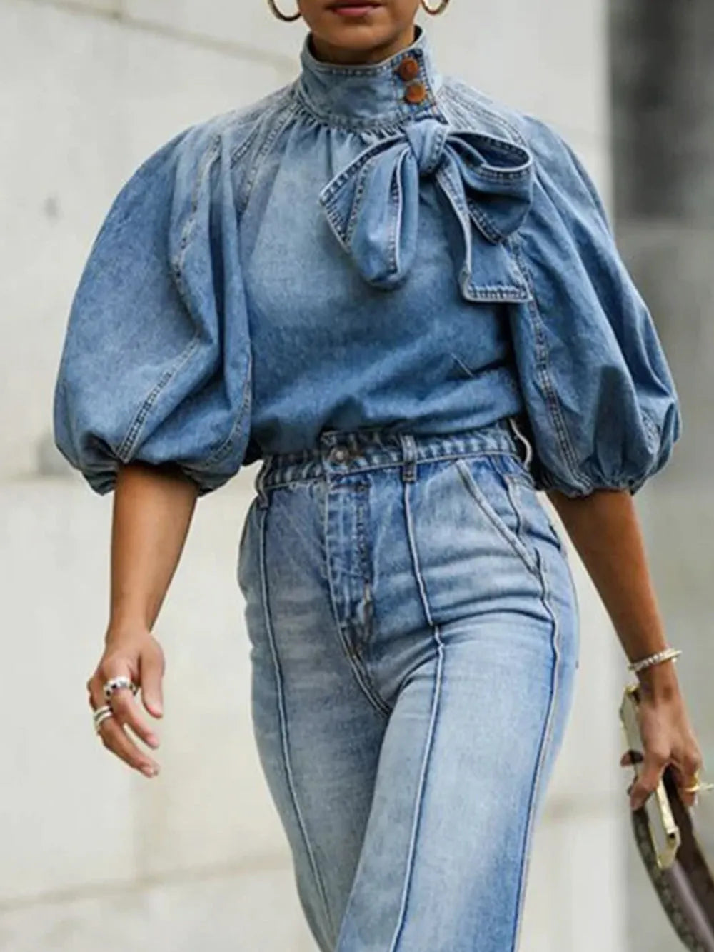Loose Puff Sleeve Denim Short Shirt