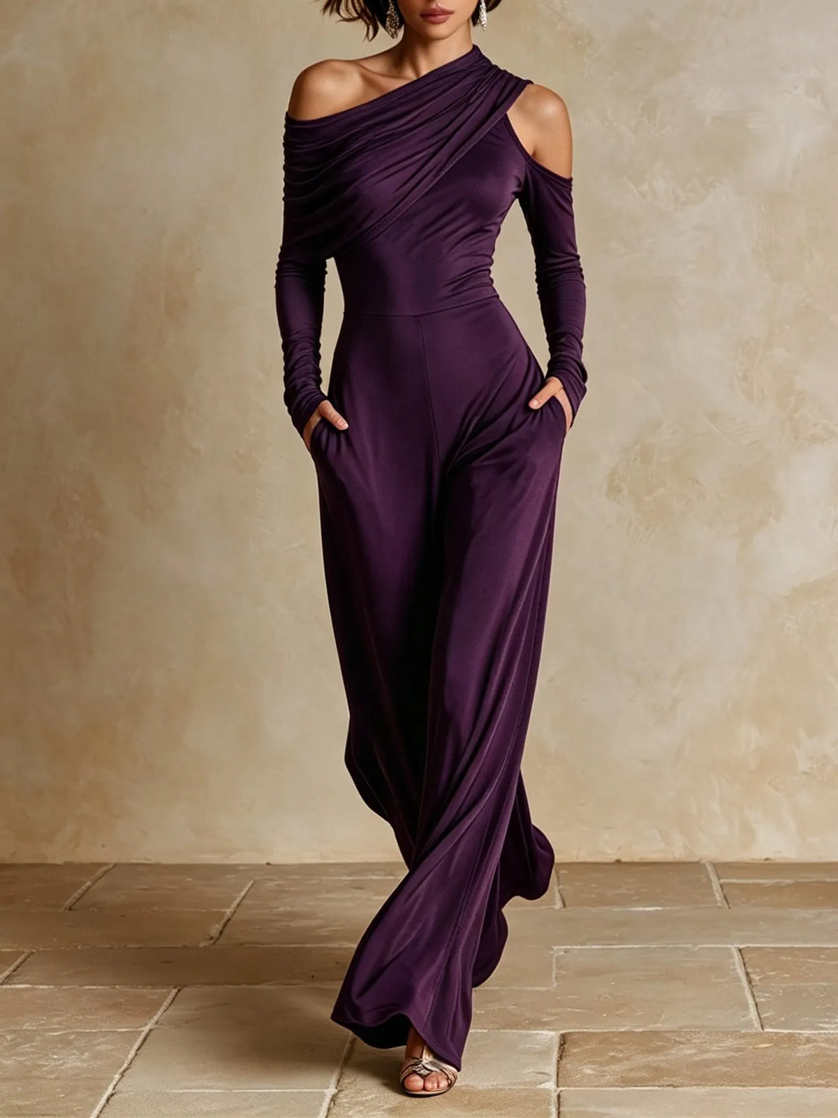 Black One‑Shoulder Party Wide‑Leg Jumpsuit