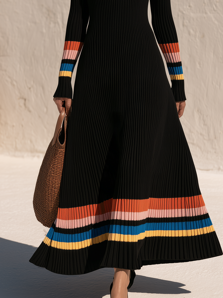 Retro-chic Rainbow Striped Knit Polo Maxi Dress