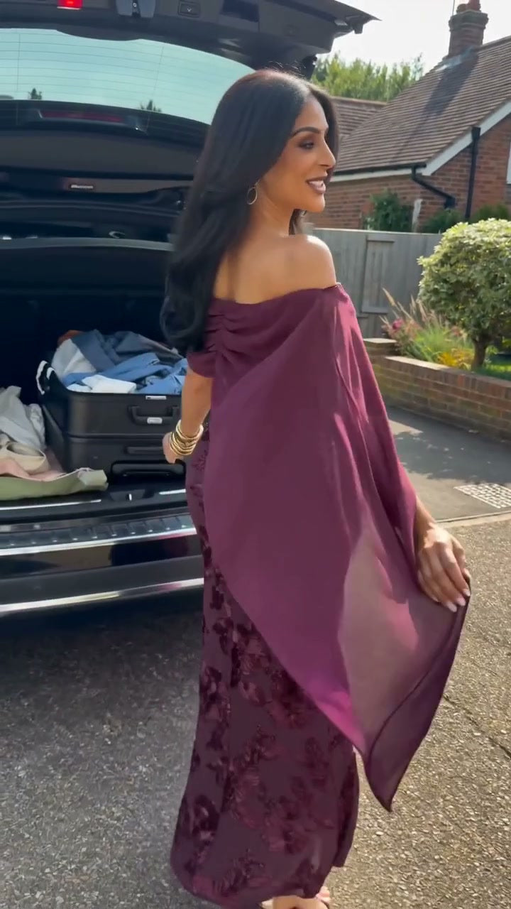 burgundy-floral-cape-midi-dress-off-shoulder-sheath-dress