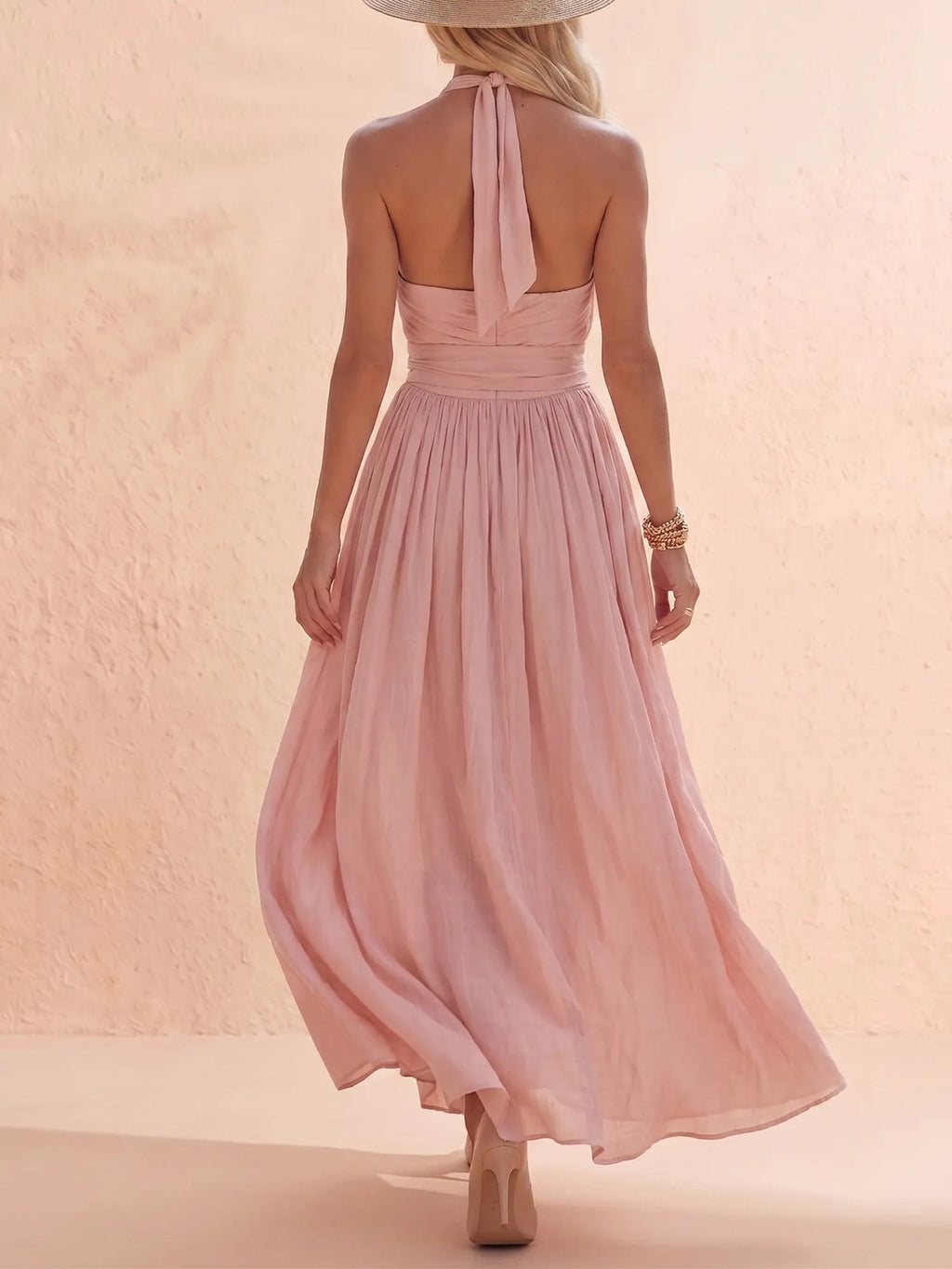 Day Dress — Pastel Mauve Side Button Gathered Linen Dress Maxi Dress