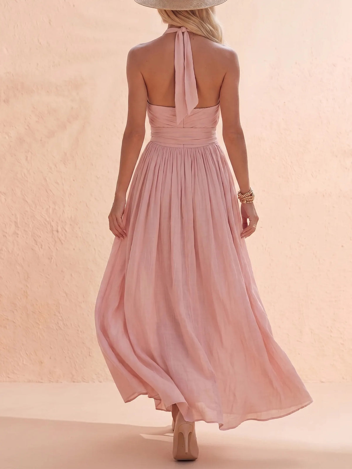 Day Dress — Pastel Mauve Side Button Gathered Linen Dress Maxi Dress